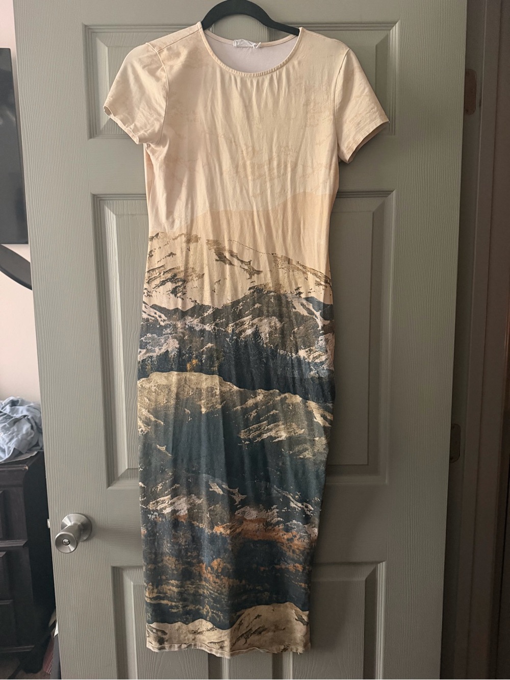Sage Scenic Mountain Print Maxi Dress - Beige, Navy & Tan